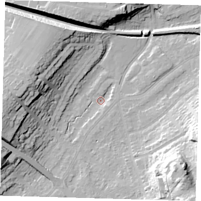 Shaded relief map of the ground around BR49BY, computed from Environment Agency LiDAR. The ground here sits at about 60 m above sea level and falls 33 m across the surrounding 800 m. Surface water reaching this point runs off ground lying to the south-east, 30.9 m higher.