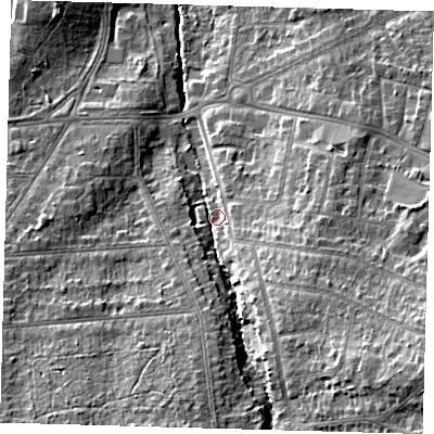 Shaded relief map of the ground around BR49PG, computed from Environment Agency LiDAR. The ground here sits at about 68 m above sea level and falls 22 m across the surrounding 800 m. Surface water reaching this point runs off ground lying to the south-east, 16.6 m higher.