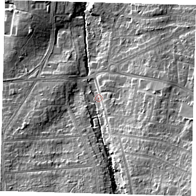 Shaded relief map of the ground around BR49PZ, computed from Environment Agency LiDAR. The ground here sits at about 67 m above sea level and falls 23 m across the surrounding 800 m. Surface water reaching this point runs off ground lying to the south-east, 17.3 m higher.