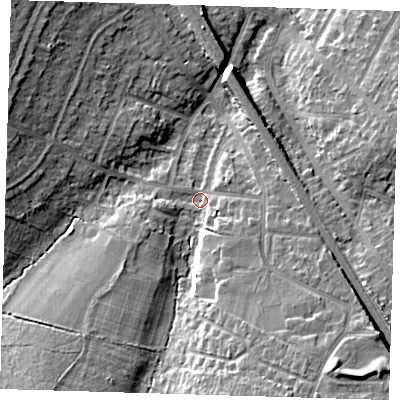 Shaded relief map of the ground around BR51DJ, computed from Environment Agency LiDAR. The ground here sits at about 77 m above sea level and falls 14 m across the surrounding 800 m. Surface water reaching this point runs off ground lying to the south-south-east, 10.6 m higher.