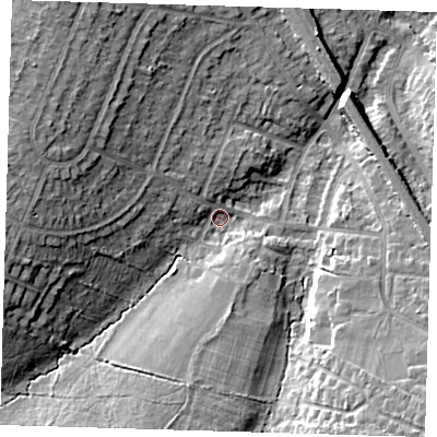 Shaded relief map of the ground around BR51DL, computed from Environment Agency LiDAR. The ground here sits at about 77 m above sea level and falls 16 m across the surrounding 800 m. Surface water reaching this point runs off ground lying to the west-north-west, 12.3 m higher.