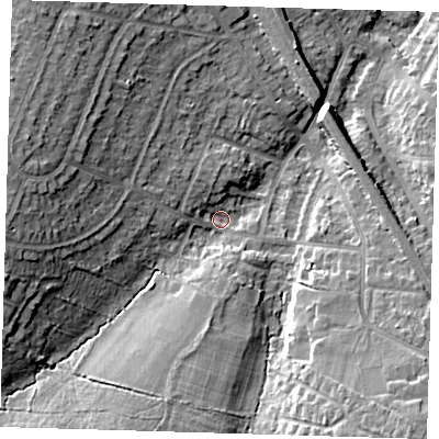 Shaded relief map of the ground around BR51DN, computed from Environment Agency LiDAR. The ground here sits at about 76 m above sea level and falls 15 m across the surrounding 800 m. Surface water reaching this point runs off ground lying to the west, 11.7 m higher.