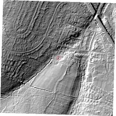 Shaded relief map of the ground around BR51DP, computed from Environment Agency LiDAR. The ground here sits at about 78 m above sea level and falls 15 m across the surrounding 800 m. Surface water reaching this point runs off ground lying to the west, 12.3 m higher.