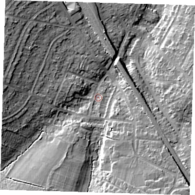 Shaded relief map of the ground around BR51DR, computed from Environment Agency LiDAR. The ground here sits at about 76 m above sea level and falls 14 m across the surrounding 800 m. Surface water reaching this point runs off ground lying to the west, 9.6 m higher.
