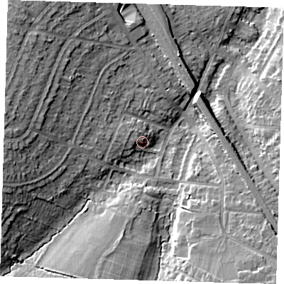 Shaded relief map of the ground around BR51DS, computed from Environment Agency LiDAR. The ground here sits at about 79 m above sea level and falls 16 m across the surrounding 800 m. Surface water reaching this point runs off ground lying to the west-north-west, 3.2 m higher.