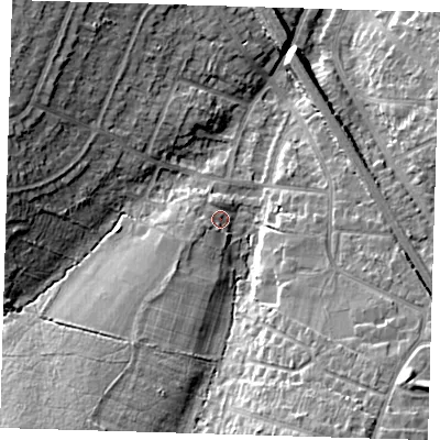 Shaded relief map of the ground around BR51DW, computed from Environment Agency LiDAR. The ground here sits at about 79 m above sea level and falls 14 m across the surrounding 800 m. Surface water reaching this point runs off ground lying to the south-west, 3.0 m higher.