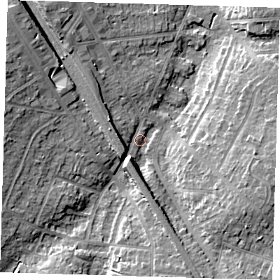 Shaded relief map of the ground around BR51DZ, computed from Environment Agency LiDAR. The ground here sits at about 75 m above sea level and falls 15 m across the surrounding 800 m. Surface water reaching this point runs off ground lying to the west-north-west, 11.7 m higher.