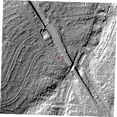 Shaded relief map of the ground around BR51EA, computed from Environment Agency LiDAR. The ground here sits at about 78 m above sea level and falls 17 m across the surrounding 800 m. Surface water reaching this point runs off ground lying to the west-north-west, 8.8 m higher.