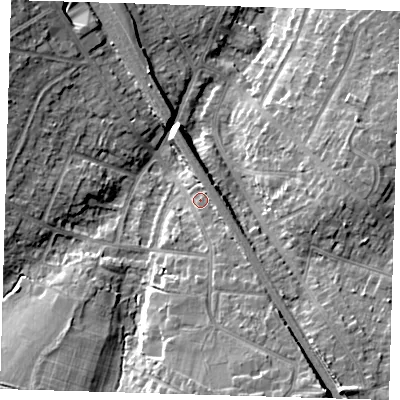 Shaded relief map of the ground around BR51EJ, computed from Environment Agency LiDAR. The ground here sits at about 78 m above sea level and falls 13 m across the surrounding 800 m. Surface water reaching this point runs off ground lying to the south-south-east, 4.0 m higher.