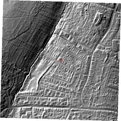 Shaded relief map of the ground around BR51HF, computed from Environment Agency LiDAR. The ground here sits at about 91 m above sea level and falls 25 m across the surrounding 800 m. Surface water reaching this point runs off ground lying to the south-south-east, 8.1 m higher.