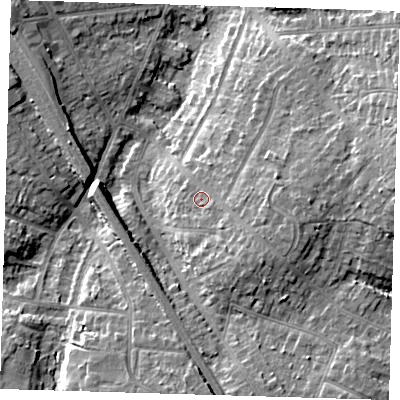 Shaded relief map of the ground around BR51HT, computed from Environment Agency LiDAR. The ground here sits at about 79 m above sea level and falls 11 m across the surrounding 800 m. Surface water reaching this point runs off ground lying to the south-east, 3.8 m higher.