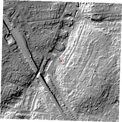 Shaded relief map of the ground around BR51HZ, computed from Environment Agency LiDAR. The ground here sits at about 75 m above sea level and falls 12 m across the surrounding 800 m. Surface water reaching this point runs off ground lying to the south-east, 8.6 m higher.