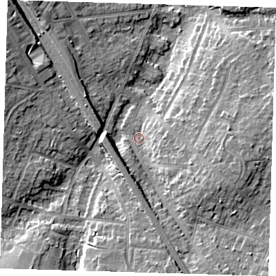 Shaded relief map of the ground around BR51JQ, computed from Environment Agency LiDAR. The ground here sits at about 75 m above sea level and falls 12 m across the surrounding 800 m. Surface water reaching this point runs off ground lying to the east-south-east, 7.6 m higher.