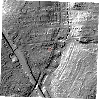 Shaded relief map of the ground around BR51LH, computed from Environment Agency LiDAR. The ground here sits at about 75 m above sea level and falls 14 m across the surrounding 800 m. Surface water reaching this point runs off ground lying to the west, 6.6 m higher.