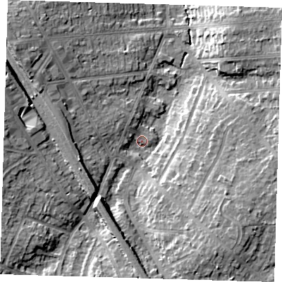 Shaded relief map of the ground around BR51LJ, computed from Environment Agency LiDAR. The ground here sits at about 74 m above sea level and falls 13 m across the surrounding 800 m. Surface water reaching this point runs off ground lying to the west-north-west, 9.8 m higher.