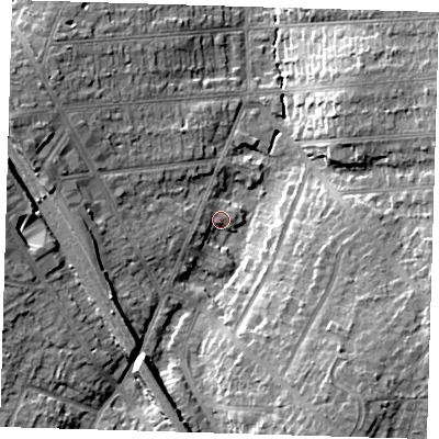 Shaded relief map of the ground around BR51LL, computed from Environment Agency LiDAR. The ground here sits at about 74 m above sea level and falls 13 m across the surrounding 800 m. Surface water reaching this point runs off ground lying to the south-west, 3.1 m higher.