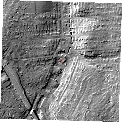 Shaded relief map of the ground around BR51LP, computed from Environment Agency LiDAR. The ground here sits at about 73 m above sea level and falls 13 m across the surrounding 800 m. Surface water reaching this point runs off ground lying to the south-south-east, 9.0 m higher.