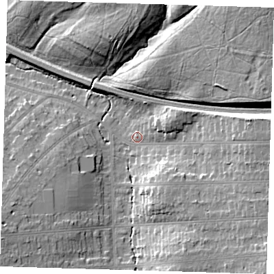 Shaded relief map of the ground around BR51NZ, computed from Environment Agency LiDAR. The ground here sits at about 70 m above sea level and falls 20 m across the surrounding 800 m. Surface water reaching this point runs off ground lying to the east, 11.9 m higher.