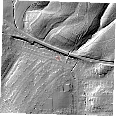 Shaded relief map of the ground around BR51PB, computed from Environment Agency LiDAR. The ground here sits at about 68 m above sea level and falls 21 m across the surrounding 800 m. Surface water reaching this point runs off ground lying to the north-east, 17.6 m higher.