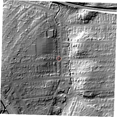 Shaded relief map of the ground around BR51PF, computed from Environment Agency LiDAR. The ground here sits at about 71 m above sea level and falls 16 m across the surrounding 800 m. Surface water reaching this point runs off ground lying to the west, 10.4 m higher.