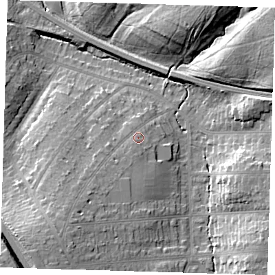 Shaded relief map of the ground around BR51PJ, computed from Environment Agency LiDAR. The ground here sits at about 73 m above sea level and falls 21 m across the surrounding 800 m. Surface water reaching this point runs off ground lying to the south-west, 5.9 m higher.