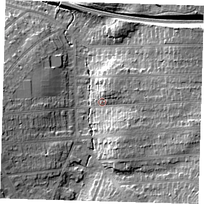 Shaded relief map of the ground around BR51PT, computed from Environment Agency LiDAR. The ground here sits at about 74 m above sea level and falls 18 m across the surrounding 800 m. Surface water reaching this point runs off ground lying to the east, 10.4 m higher.