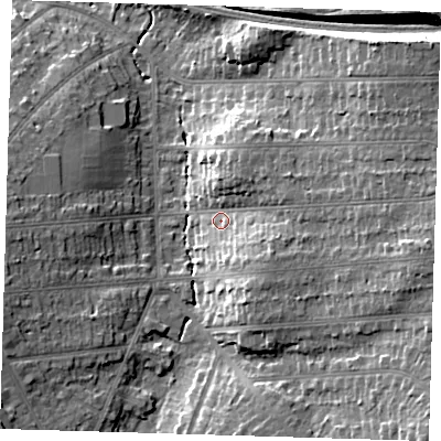 Shaded relief map of the ground around BR51PW, computed from Environment Agency LiDAR. The ground here sits at about 74 m above sea level and falls 18 m across the surrounding 800 m. Surface water reaching this point runs off ground lying to the east, 10.3 m higher.