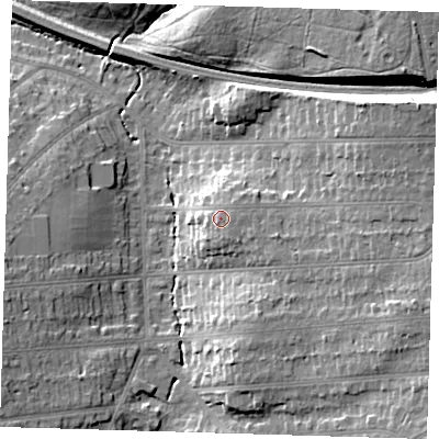 Shaded relief map of the ground around BR51QA, computed from Environment Agency LiDAR. The ground here sits at about 77 m above sea level and falls 18 m across the surrounding 800 m. Surface water reaching this point runs off ground lying to the east, 1.2 m higher.