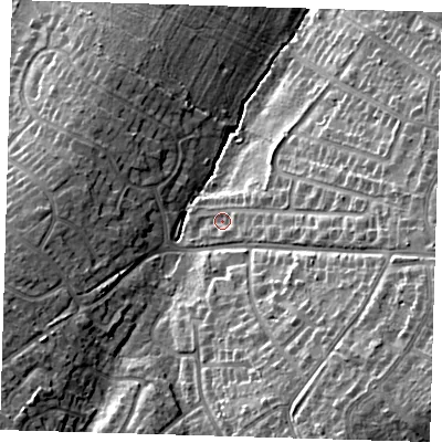 Shaded relief map of the ground around BR51RS, computed from Environment Agency LiDAR. The ground here sits at about 90 m above sea level and falls 24 m across the surrounding 800 m. Surface water reaching this point runs off ground lying to the east-south-east, 5.8 m higher.