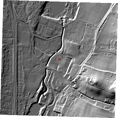 Shaded relief map of the ground around BR53HP, computed from Environment Agency LiDAR. The ground here sits at about 35 m above sea level and falls 41 m across the surrounding 800 m. Surface water reaching this point runs off ground lying to the south-south-east, 7.0 m higher.