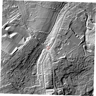 Shaded relief map of the ground around BR67AR, computed from Environment Agency LiDAR. The ground here sits at about 107 m above sea level and falls 27 m across the surrounding 800 m. Surface water reaching this point runs off ground lying to the south, 11.9 m higher.