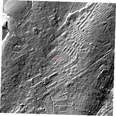 Shaded relief map of the ground around BR68EU, computed from Environment Agency LiDAR. The ground here sits at about 91 m above sea level and falls 18 m across the surrounding 800 m. Surface water reaching this point runs off ground lying to the east-south-east, 7.0 m higher.