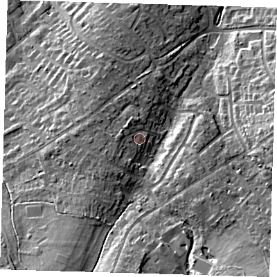 Shaded relief map of the ground around BR68HH, computed from Environment Agency LiDAR. The ground here sits at about 96 m above sea level and falls 18 m across the surrounding 800 m. Surface water reaching this point runs off ground lying to the west-south-west, 2.7 m higher.