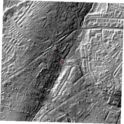 Shaded relief map of the ground around BR68HL, computed from Environment Agency LiDAR. The ground here sits at about 93 m above sea level and falls 19 m across the surrounding 800 m. Surface water reaching this point runs off ground lying to the south-south-west, 8.2 m higher.