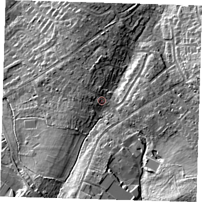 Shaded relief map of the ground around BR68HQ, computed from Environment Agency LiDAR. The ground here sits at about 97 m above sea level and falls 20 m across the surrounding 800 m. Surface water reaching this point runs off ground lying to the south-east, 12.7 m higher.