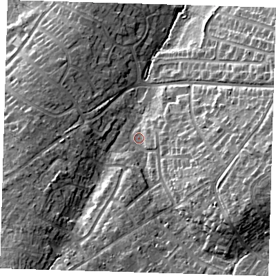 Shaded relief map of the ground around BR68HS, computed from Environment Agency LiDAR. The ground here sits at about 92 m above sea level and falls 21 m across the surrounding 800 m. Surface water reaching this point runs off ground lying to the east-south-east, 14.2 m higher.