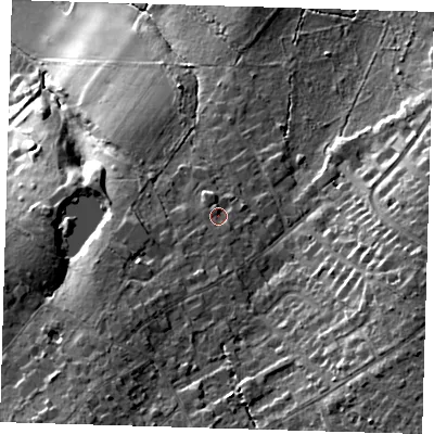 Shaded relief map of the ground around BR68LS, computed from Environment Agency LiDAR. The ground here sits at about 90 m above sea level and falls 28 m across the surrounding 800 m. Surface water reaching this point runs off ground lying to the south, 2.0 m higher.