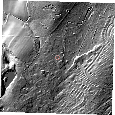 Shaded relief map of the ground around BR68LT, computed from Environment Agency LiDAR. The ground here sits at about 88 m above sea level and falls 28 m across the surrounding 800 m. Surface water reaching this point runs off ground lying to the south-south-west, 2.8 m higher.