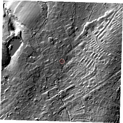 Shaded relief map of the ground around BR68LZ, computed from Environment Agency LiDAR. The ground here sits at about 90 m above sea level and falls 25 m across the surrounding 800 m. Surface water reaching this point runs off ground lying to the south-south-west, 1.6 m higher.