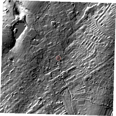 Shaded relief map of the ground around BR68PL, computed from Environment Agency LiDAR. The ground here sits at about 92 m above sea level and falls 23 m across the surrounding 800 m. Surface water reaching this point runs off ground lying to the south-west, 10.2 m higher.