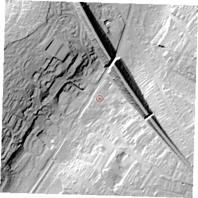 Shaded relief map of the ground around BR69XH, computed from Environment Agency LiDAR. The ground here sits at about 66 m above sea level and falls 31 m across the surrounding 800 m. Surface water reaching this point runs off ground lying to the east-south-east, 25.5 m higher.