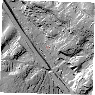 Shaded relief map of the ground around BR75JH, computed from Environment Agency LiDAR. The ground here sits at about 53 m above sea level and falls 50 m across the surrounding 800 m. Surface water reaching this point runs off ground lying to the east-north-east, 47.2 m higher.