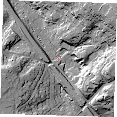 Shaded relief map of the ground around BR75NP, computed from Environment Agency LiDAR. The ground here sits at about 55 m above sea level and falls 51 m across the surrounding 800 m. Surface water reaching this point runs off ground lying to the north-east, 48.3 m higher.