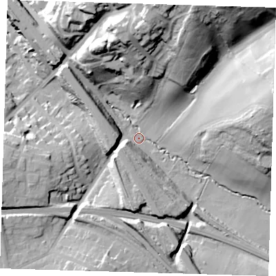 Shaded relief map of the ground around BR75NS, computed from Environment Agency LiDAR. The ground here sits at about 59 m above sea level and falls 39 m across the surrounding 800 m. Surface water reaching this point runs off ground lying to the south, 16.7 m higher.