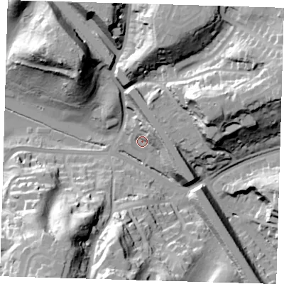 Shaded relief map of the ground around BR75RJ, computed from Environment Agency LiDAR. The ground here sits at about 50 m above sea level and falls 43 m across the surrounding 800 m. Surface water reaching this point runs off ground lying to the north-north-east, 15.0 m higher.