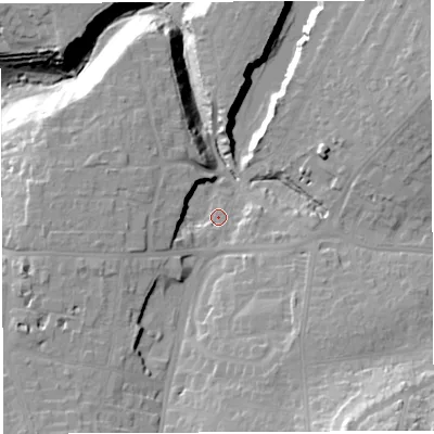 Shaded relief map of the ground around BS105HG, computed from Environment Agency LiDAR. The ground here sits at about 52 m above sea level and falls 43 m across the surrounding 800 m. Surface water reaching this point runs off ground lying to the south-south-east, 24.9 m higher.