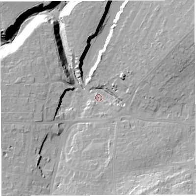 Shaded relief map of the ground around BS105HQ, computed from Environment Agency LiDAR. The ground here sits at about 52 m above sea level and falls 38 m across the surrounding 800 m. Surface water reaching this point runs off ground lying to the south-south-east, 24.7 m higher.