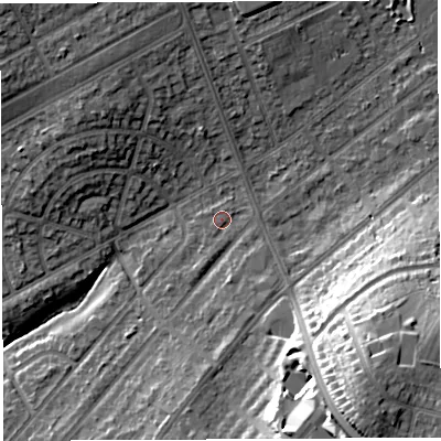 Shaded relief map of the ground around BS105HU, computed from Environment Agency LiDAR. The ground here sits at about 61 m above sea level and falls 29 m across the surrounding 800 m. Surface water reaching this point runs off ground lying to the south-south-east, 21.6 m higher.