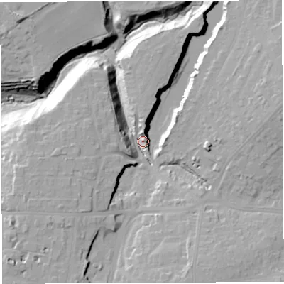 Shaded relief map of the ground around BS105HW, computed from Environment Agency LiDAR. The ground here sits at about 50 m above sea level and falls 28 m across the surrounding 800 m. Surface water reaching this point runs off ground lying to the south-south-east, 16.6 m higher.