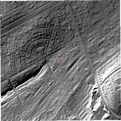 Shaded relief map of the ground around BS105JN, computed from Environment Agency LiDAR. The ground here sits at about 60 m above sea level and falls 30 m across the surrounding 800 m. Surface water reaching this point runs off ground lying to the south-south-east, 1.0 m higher.